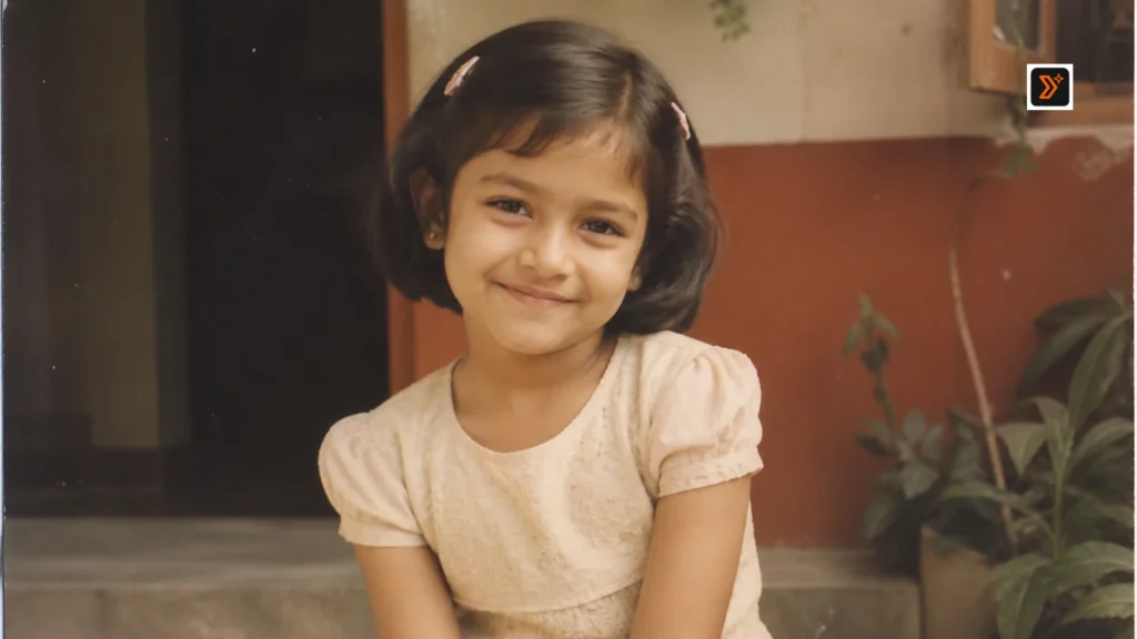 Nostalgic family-album-style portrait of a fictional child in a simple Indian home setting with warm vintage tones.