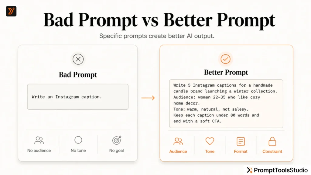 Bad prompt vs better prompt comparison showing how specific AI prompts create better output