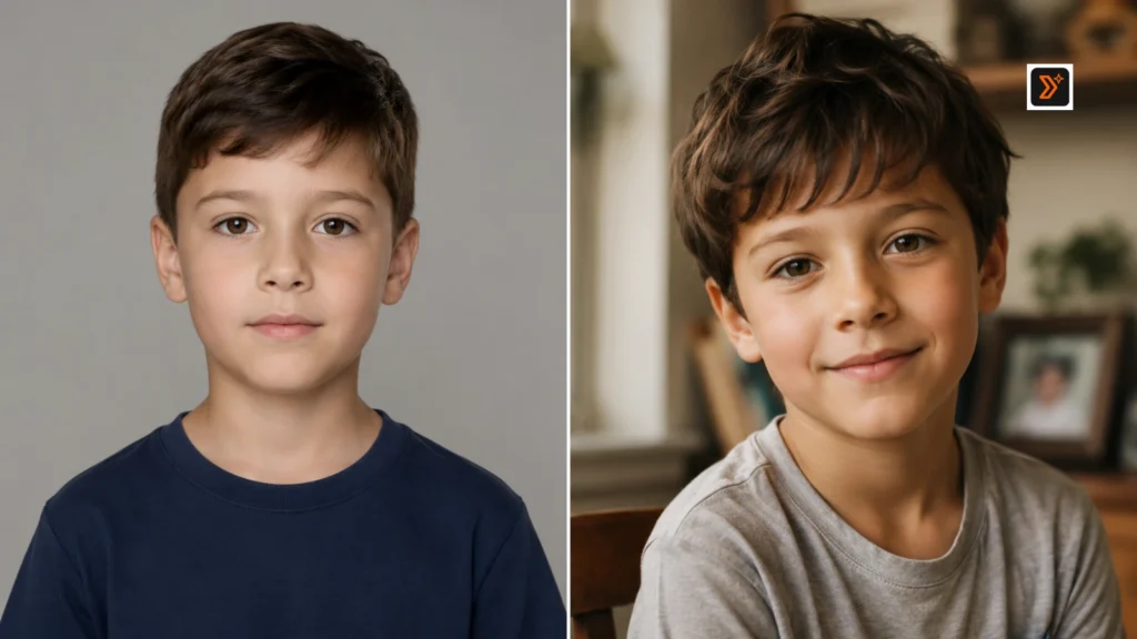 Comparison image showing a generic artificial-looking childhood portrait beside a warmer realistic family-album-style portrait.