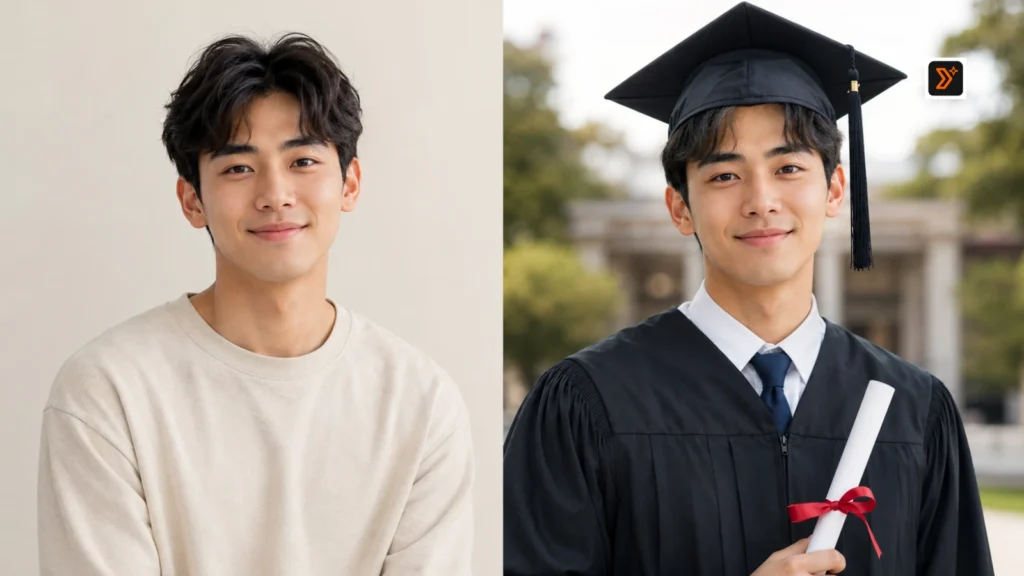 15 Best Gemini Prompts for Graduation Photos and Senior Portraits 3 Before and after Gemini graduation photo transformation example