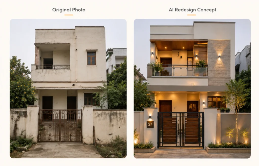 Before and after example of a home redesign from a real photo using AI