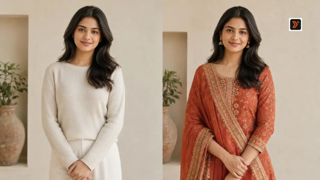 Before and after Rajasthani outfit transformation using Gemini prompts
