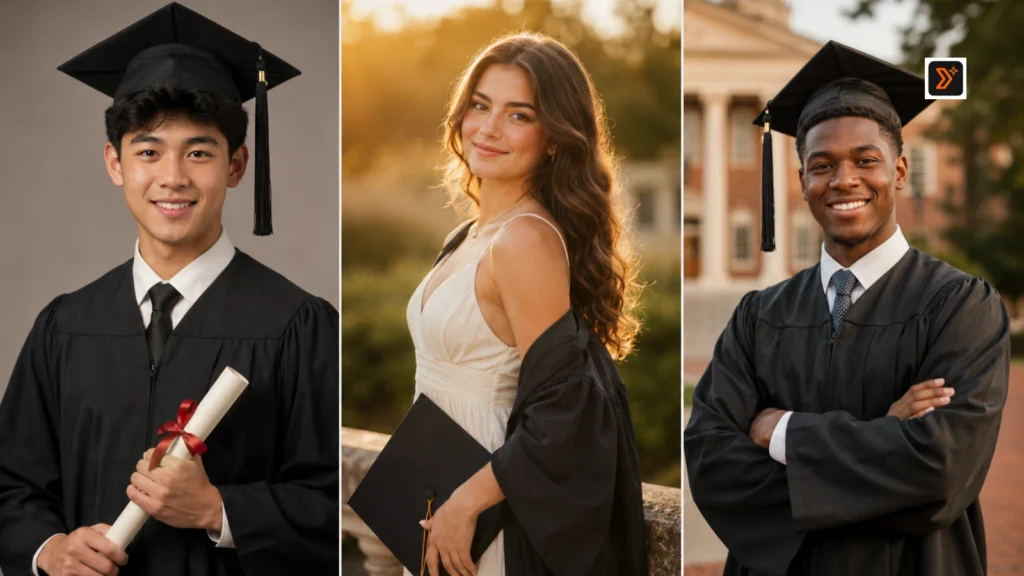 15 Best Gemini Prompts for Graduation Photos and Senior Portraits 4 Cap and gown senior portrait and college graduation prompt examples