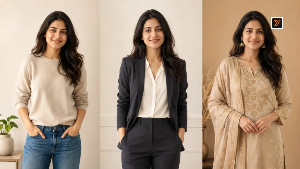 Casual professional and traditional outfit change prompt examples using Gemini