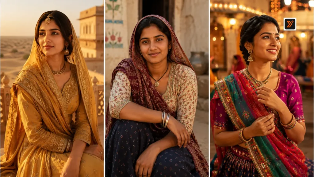 Desert village and festival Rajasthani outfit prompt examples using Gemini