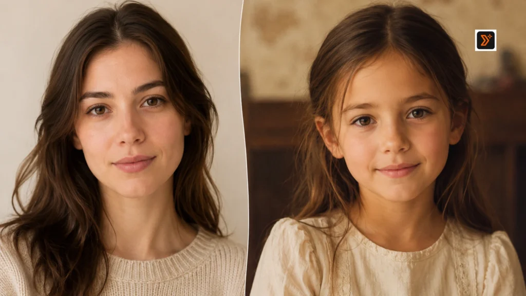 Side-by-side editorial portrait showing a fictional adult woman and a realistic childhood version of the same person.
