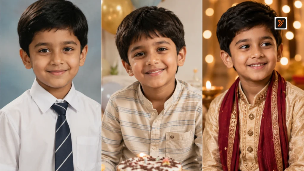 Editorial comparison image showing three fictional childhood portrait styles including school uniform, birthday memory, and festive traditional clothing.