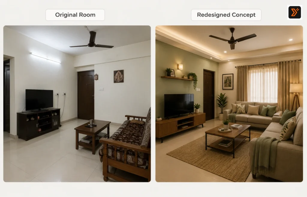 Before and after room makeover concept created with AI prompts