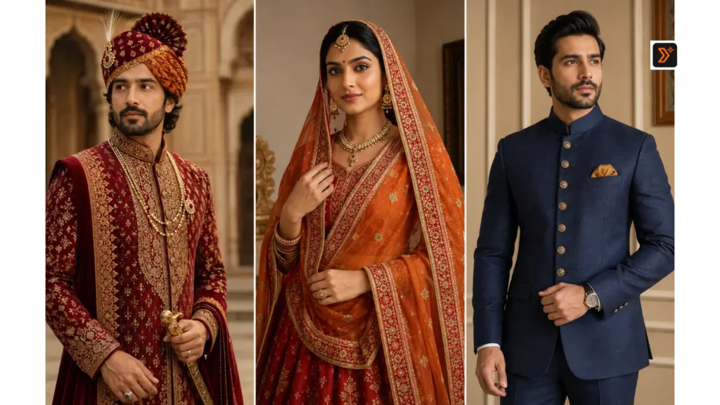 Royal Rajputi poshak and Jodhpuri suit Rajasthani outfit prompt examples