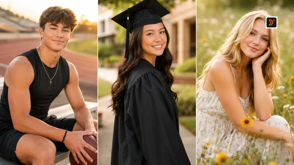 Sports cap and gown and field senior picture prompt examples using Gemini