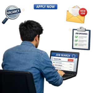 Back view of a boy sitting with a laptop and searching for jobs online