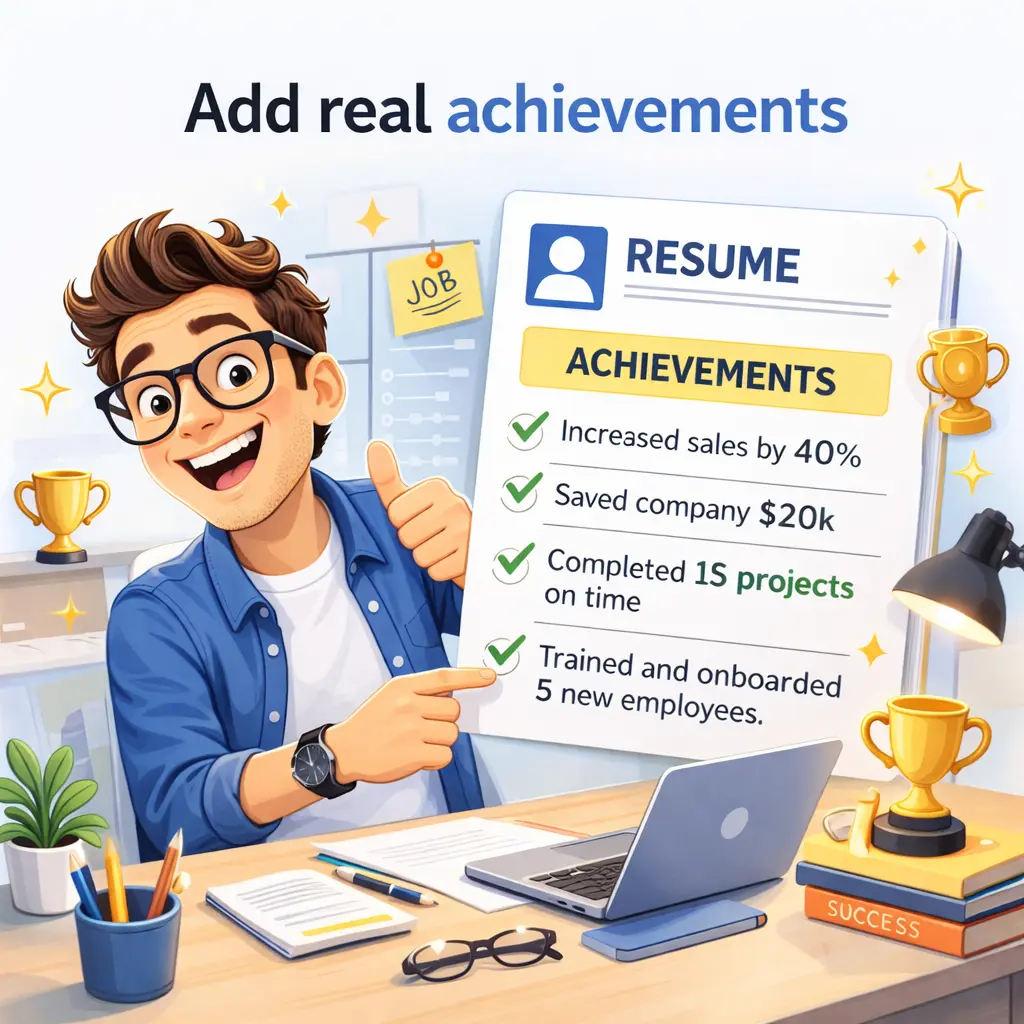 Job seeker showing resume achievements with trophies and completed results