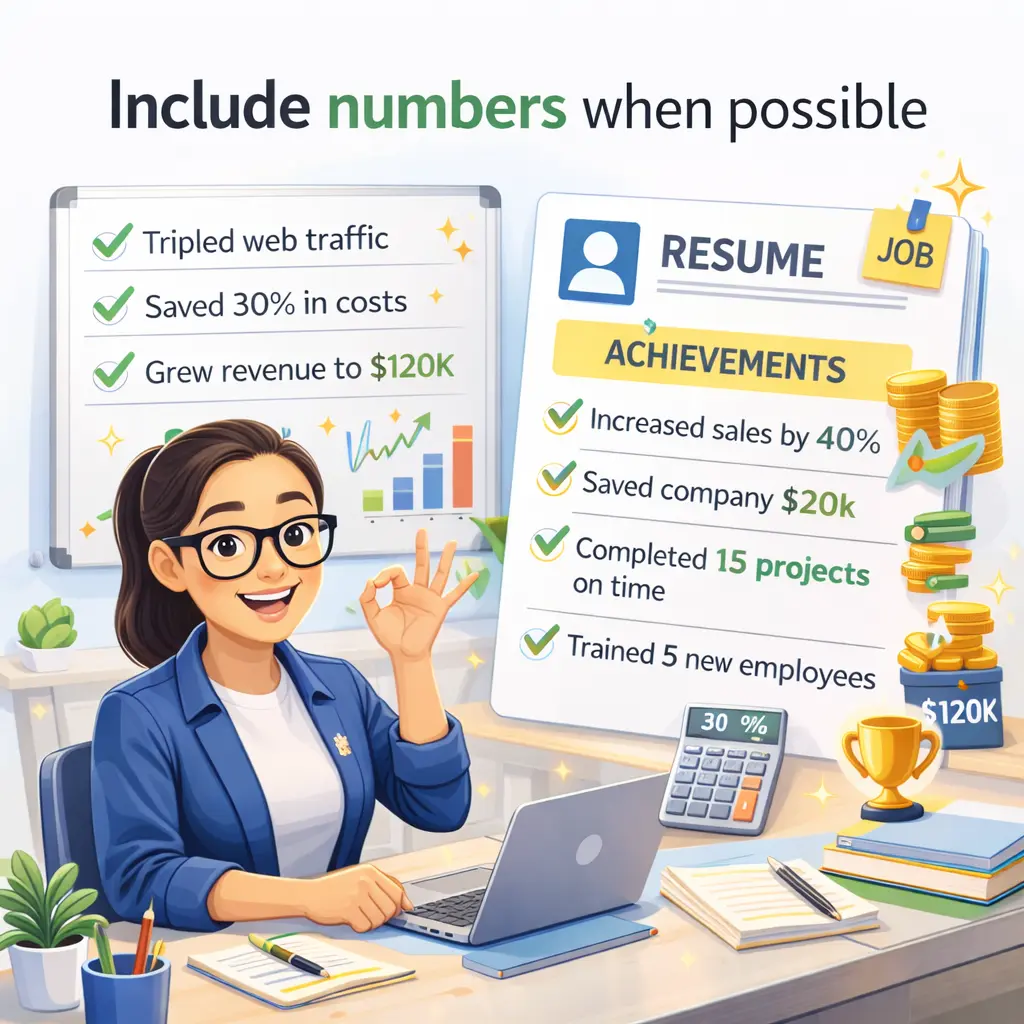 Professional woman showing resume achievements with numbers and performance metrics