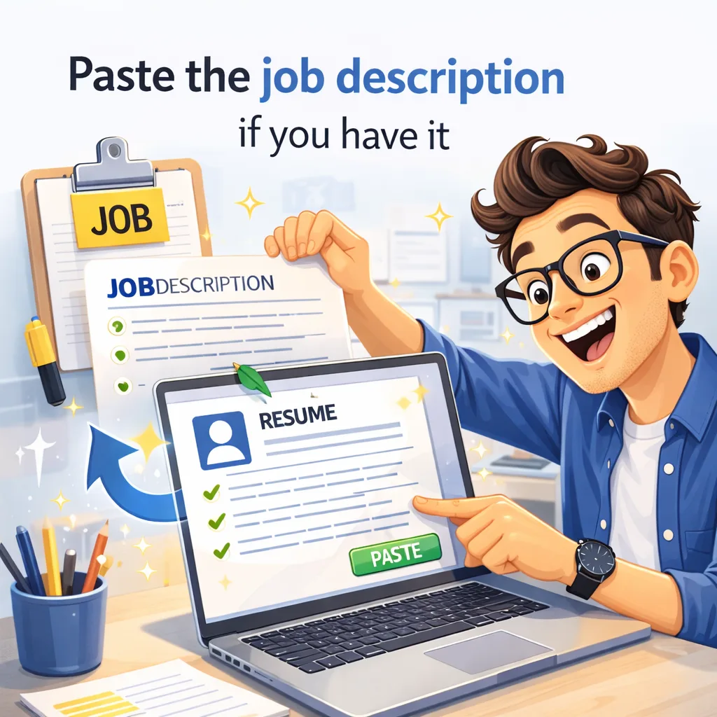 Job seeker pasting job description into resume builder on laptop