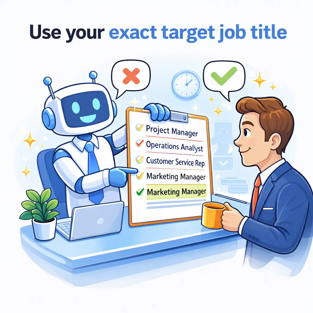 AI recruiter robot showing correct target job title on a resume to a job seeker