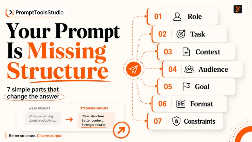 Seven-part ChatGPT prompt structure with role task context audience goal format and constraints