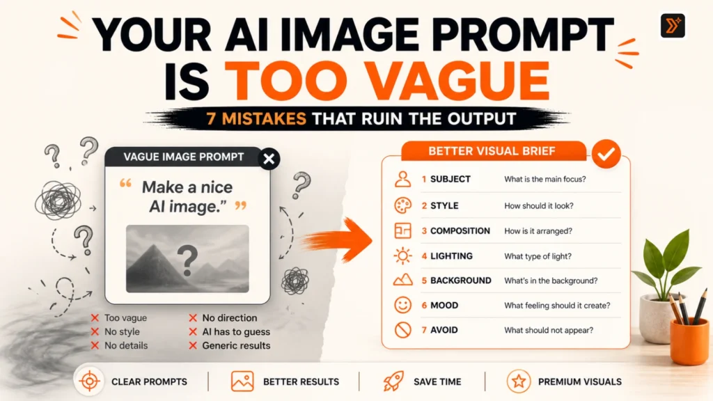 Vague AI image prompt compared with a better visual brief showing subject style composition lighting background mood and avoid rules